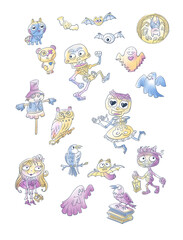 Obraz premium Aesthetic pastel Halloween characters clip art collection. Cute spooky doodle elements with ghosts skeleton characters mummy scarecrow and bats isolated on white background.