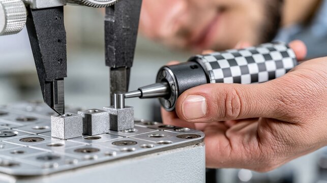 Skilled technician precisely measures a manufactured metal component with a digital caliper.