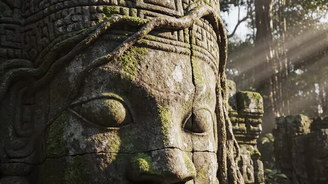 Stone sculptures half buried old statue
