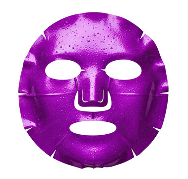 A purple face mask rests on a transparent background. The mask has a stylized, almost robotic face with large, empty eye sockets and a prominent nose.