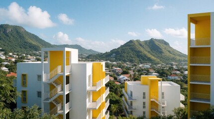 Obraz premium Modern white and yellow buildings rise against verdant mountains. Balconies offer views of a tropical town and lush green terrain. Residential architecture blends with nature.