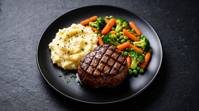 Grilled beef steak served with creamy mashed potatoes and vibrant steamed vegetables on a dark round plate for dinner