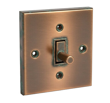 A copper-colored electrical switch plate is positioned against a transparent background. The switch plate features two toggle switches and two mounting holes.