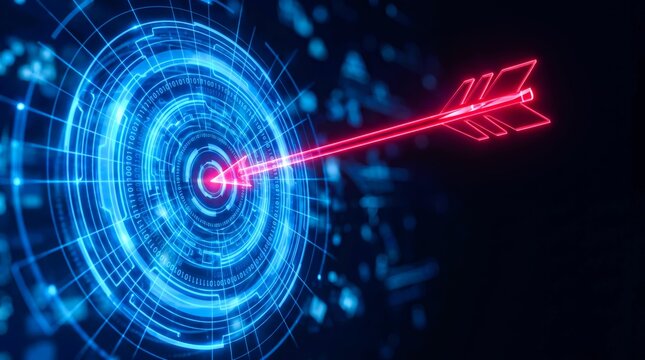 Glowing red arrow hitting center of digital blue target circle with binary code rings showing precision accuracy and data analytics