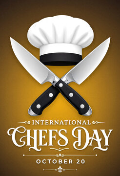 Celebrate culinary professionals with chef hat and crossed knives design for international chefs day poster