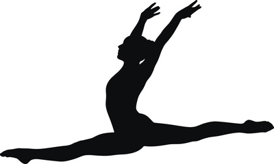 Fototapeta premium Silhouette of gymnast performing split leap with arms extended upwards against a transparent grid background.