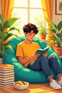 Young man reading a book while sitting on a cozy green beanbag chair in a sunny room filled with plants