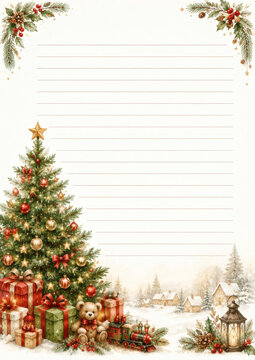 Vintage Christmas letter template with decorated tree, gifts, teddy bear, and winter village. Perfect for holiday greetings or wish lists.