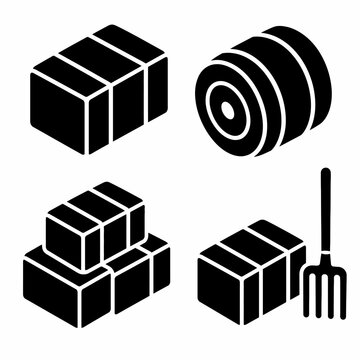 Black hay bale and haystack silhouettes with pitchfork and wheel icon set