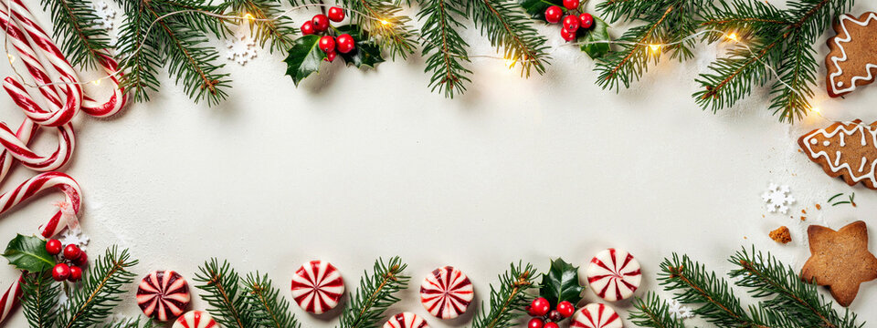 Christmas Flat Lay Border with Candy Canes Gingerbread Cookies Pine Branches and Copy Space Background