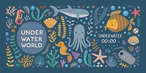 Underwater scene illustration featuring marine life and coral teal background © Prince