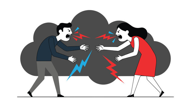 Couple having a heated argument with lightning bolt symbols and dark clouds representing anger conflict and relationship problems.