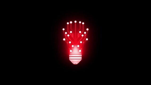 Red glowing digital light bulb concept with circuit board pattern and data nodes technology innovation