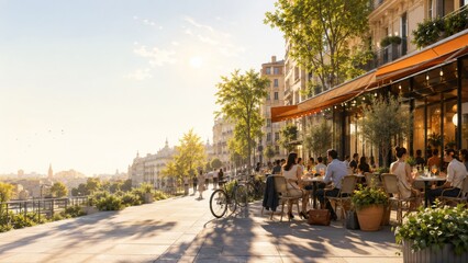 Outdoor cafe scene with people enjoying afternoon sunlight, daycap afternoon society © dvoevnore