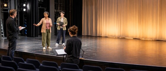 Theatre rehearsal on stage during fall season with performers and crew © dvoevnore