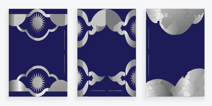 Luxury Islamic Greeting Card Template Set with Silver Mandala Pattern and Navy Blue Background.
