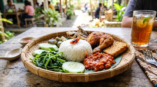 Spicy Nasi Tempong Banyuwangi Rice Plate with Fresh Tomato Sambal