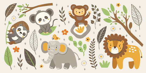 Fototapeta premium Cartoon animal illustrations with foliage a vector design on a beige background