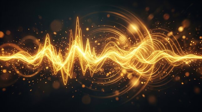 Golden energy waves radiate across a dark background, creating a dynamic and vibrant visual effect. The light trails resemble sound waves, suggesting a powerful and energetic phenomenon.