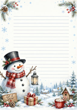 Festive winter letter template with a snowman, lantern, present, and snowy village. Perfect for Christmas cards, invitations, or holiday notes.