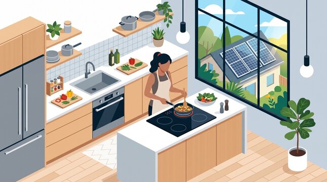Isometric woman cooking fresh healthy meal in modern kitchen interior vector illustration