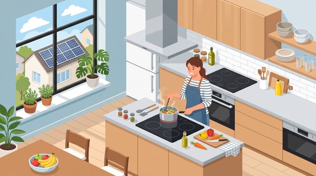 Isometric woman cooking fresh healthy meal in modern kitchen interior vector illustration