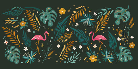 Tropical Flamingoes And Foliage A Colorful Vector Illustration © Prince