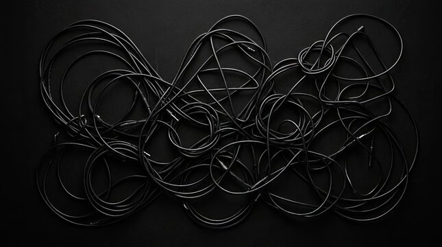 A tangle of black electrical cords forms an abstract, chaotic pattern against a dark background. The cords twist and loop, creating a complex and visually intriguing composition.