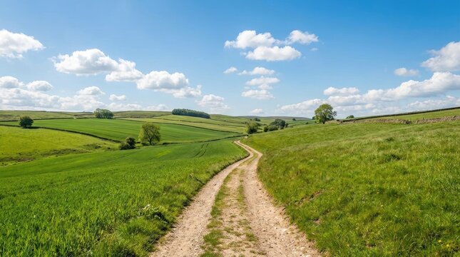 A dirt path winds through a vibrant green pasture under a clear blue sky dotted with fluffy white clouds. Rolling hills stretch into the distance, bordered by a line of trees.