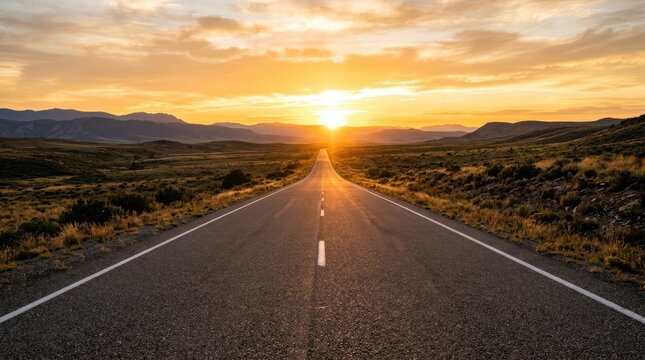 The sun rises over a long, straight road cutting through a vast, arid landscape. The road leads towards the horizon where the sun is positioned.