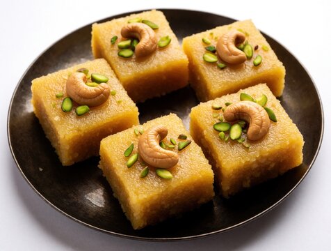 Golden Mysore Pak squares topped with cashews and pistachios on dark plate. Delicious Indian sweet dessert food. Rich sugar confection close-up.