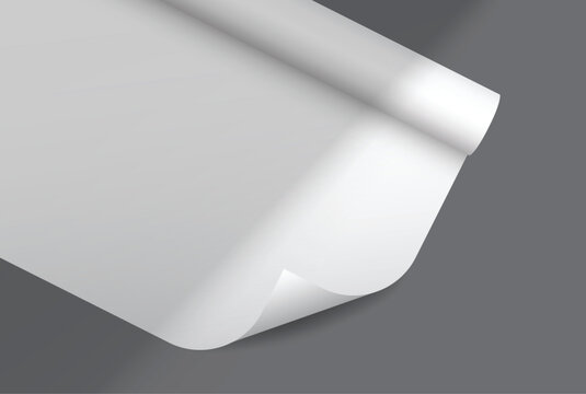 White gift wrapping paper mockup with rolled edge and curved corner with elegant shadow overlay, clean paper texture for gift wrap design, packaging, branding, print, magazines, catalogs or newspapers