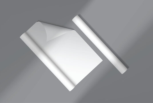 White gift wrapping paper mockup with rolled edge and curved corner with elegant shadow overlay, clean paper texture for gift wrap design, packaging, branding, print, magazines, catalogs or newspapers