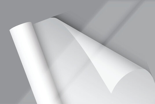 White gift wrapping paper mockup with rolled edge and curved corner with elegant shadow overlay, clean paper texture for gift wrap design, packaging, branding, print, magazines, catalogs or newspapers