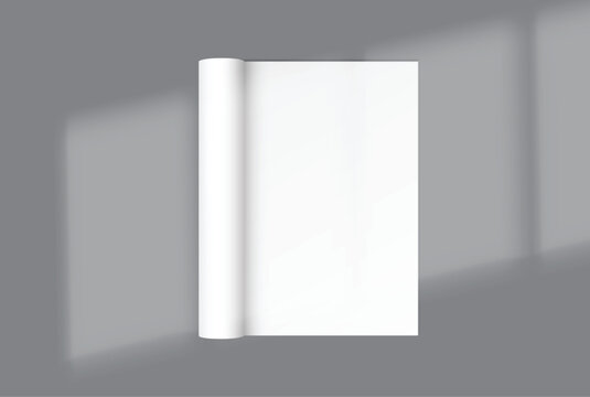 White gift wrapping paper mockup with rolled edge and curved corner with elegant shadow overlay, clean paper texture for gift wrap design, packaging, branding, print, magazines, catalogs or newspapers