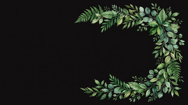 Elegant green fern leaf wreath frame on a black background.