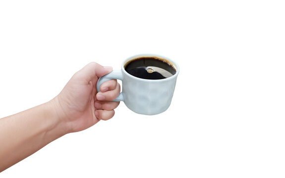 A white ceramic coffee cup is in the hands of a man PNG transparent.