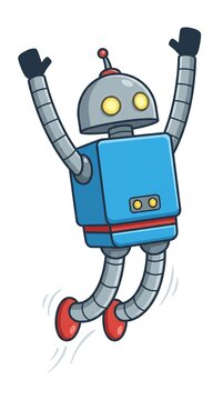 Happy Cartoon Robot Jumping in the Air with Arms Raised
