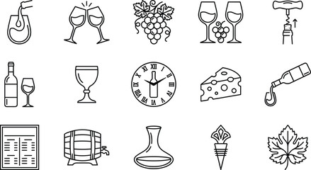 Obraz premium Wine tasting and winery line icon set featuring bottle glass grapes decanter barrel and menu vectors