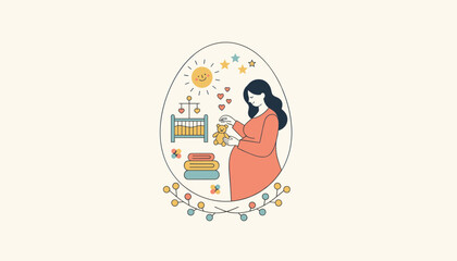 Fototapeta premium Pregnant woman dreams about her future baby while surrounded by icons of a crib, teddy bear, sun, stars, and infant clothing.