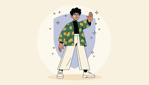 Confident person wearing a patterned jacket holds up a hand in a stop gesture symbolizing boundaries, safety, and protection.