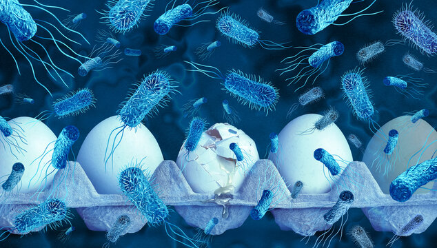 Salmonella bacteria contaminating eggs as a food poisoning and food safety crisis concept, illustrating a microscopic foodborne pathogen associated with bacterial infection, contaminated food, and pub