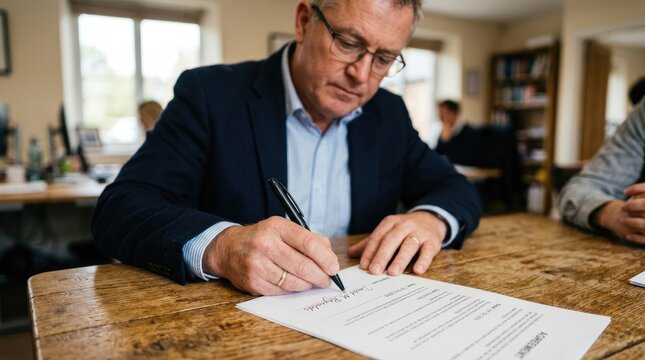 A man in a dark blue suit is intently writing on a document at a wooden table. He is wearing glasses and appears to be focused on his task.