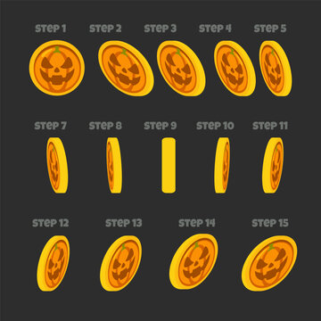 Cartoon Halloween Pumpkin Coin Step by Step Rotation Animation Sprite Sheet