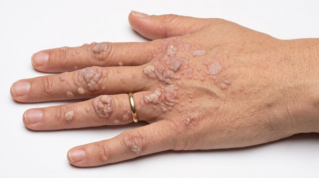 Adult Hand with Widespread Warts of Various Sizes on the Fingers and Knuckles - Polymorphic Verruca Vulgaris with Disseminated Papules and Hyperkeratotic Plaques on the Dorsal Hand and Phalanges