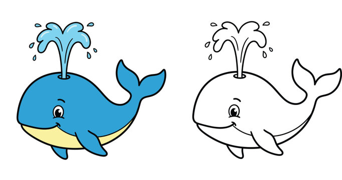 Cute cartoon blue whale spouting water vector illustration, featuring colored version and black and white line art coloring page outline for children.