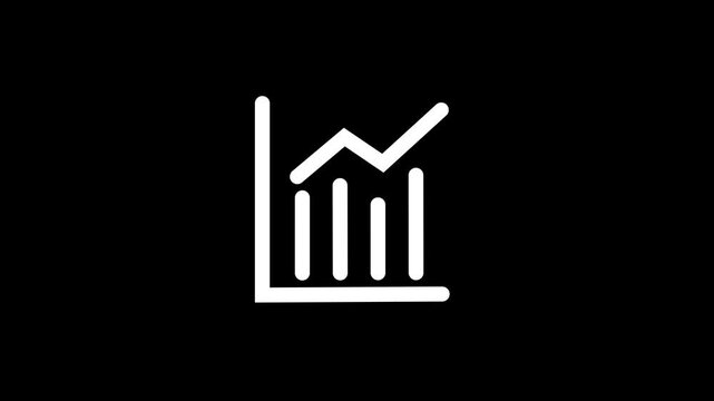 Minimalist white line bar chart graph animation on a solid black background, representing financial growth, business success, data, analysis, market trends, and corporate performance, metrics concept