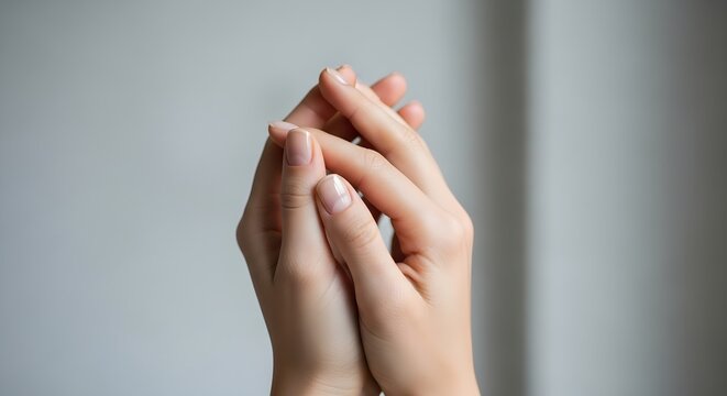 Woman holding hands together in prayer. Female hands clasped in a gesture of hope or peace.