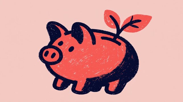 Round piggy bank with a young leaf sprouting from its coin, minimalist conceptual illustration