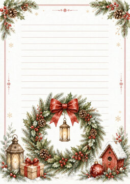 Elegant Christmas letter template with festive wreath, lanterns, pine cones, gift, and birdhouse. Watercolor style, lined paper for holiday messages or invitations.
